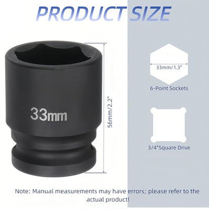 3/4"Drive x 33mm Metric, 6-Point Deep Impact Socket, Axle Nut Impact Socket | 40CR Alloy Steel,Clear labeling, Common Tools for Car Repair/Mechanical Work/Construction/Carpentry and Home Maintenance - size: 33mm
