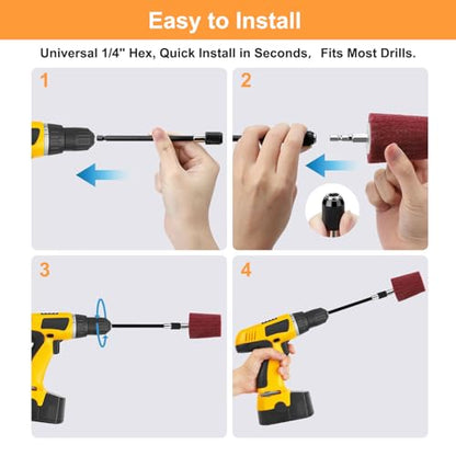 Linstyle Buffing Wheels for Drill: 9PCS Non-Woven & Cotton Polishing Wheel Kit, with Extension Holder 1/4" Hex Shank Drill Attachment Rust Removal for Car Wheel Rim Headlight, Metal, Aluminum, Brass
