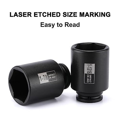 Mayouko 1/2" Drive Spindle Axle Nut Impact Socket Set, CR-MO, 6 Point, 1-9/16",1-5/8",1-11/16",1-3/4",1-13/16",1-7/8",1-15/16",2", SAE, 90mm Length - size: 8PCS:1-9/16" - 2"(Deep)