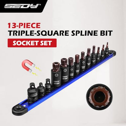 Triple-Square Spline Bit Socket Set: 13-Piece Socket Set with Magnetic Socket Rail Organizer, 1/4,3/8,1/2-inch Drive M4-M18 12 Point Bit Socket Set for Garages Workshops - style: 13PCS Triple Square M4–M18