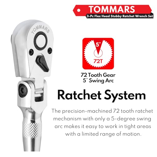 TOMMARS Flex Head Stubby Ratchet Set, 1/4", 3/8", 1/2" Socket Wrench Kit | Mechanic Hand Tool, Flexible, 72 Tooth 5-degree swing arc, Quick Release, Reversible - size: 1/4", 3/8", 1/2" Drive, style: Flex Head Stubby Ratchet Set