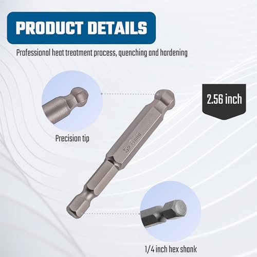 VESTTIO Ball End Hex Head Metric Allen Wrench Drill Screwdriver Bit Set 7PCS 1/4 Inch Hex Shank 2.56 Inch/65 mm Length S2 Steel with Magnetic for Power Screwdriver Drill Impact Driver - size: 7 BALL / 2.56 inch