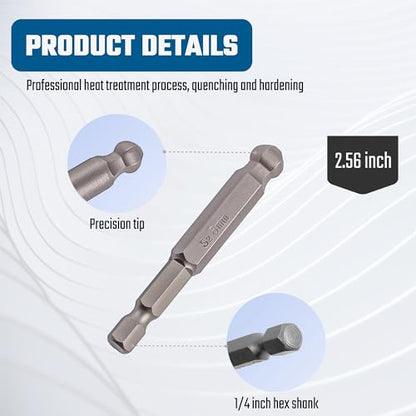 VESTTIO Ball End Hex Head Metric Allen Wrench Drill Screwdriver Bit Set 7PCS 1/4 Inch Hex Shank 2.56 Inch/65 mm Length S2 Steel with Magnetic for Power Screwdriver Drill Impact Driver - size: 7 BALL / 2.56 inch