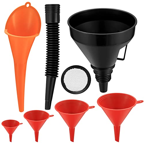 6 Pcs Automotive Funnels Set, Wide Mouth Fuel Funnels, Plastic Long Neck Oil Funnel, Flexible Right Angle Funnel, with Detachable Spout and Filter for Water/Gasoline/Coolant/Engine Oil