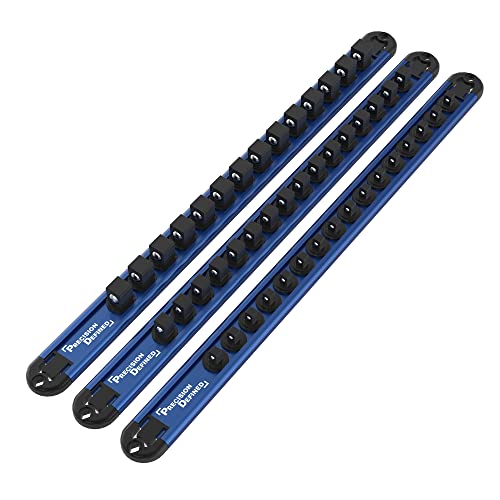 Precision Defined Aluminum Tool Socket Holder 3-Piece Set | Blue, 1/4-Inch x 16 Clips, 3/8-Inch x 16 Clips, 1/2-Inch x 14 Clips | 360 Rotation - Heavy Duty Socket Rails Organizer, Socket Storage - color: Blue