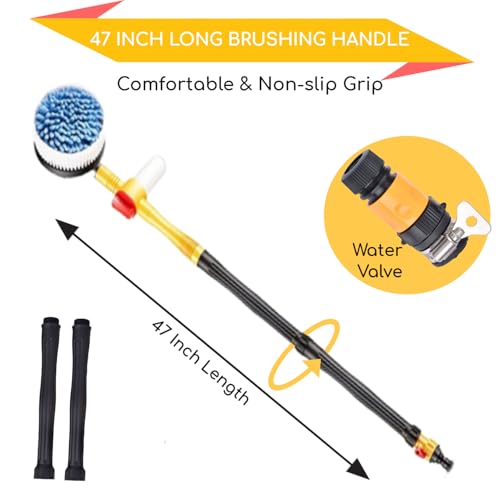 Rotating Car Wash Brush with Soap Dispenser & Hose Attachment Soft Bristle Car Spin Mop Washing Scrub Brush with Long Handle Water Flow Through High Pressure Car Cleaning Brush Kit Car Wash Hose