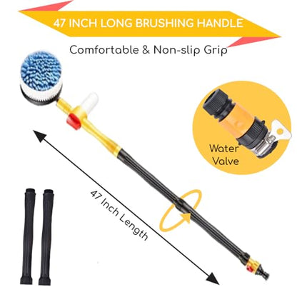 Rotating Car Wash Brush with Soap Dispenser & Hose Attachment Soft Bristle Car Spin Mop Washing Scrub Brush with Long Handle Water Flow Through High Pressure Car Cleaning Brush Kit Car Wash Hose