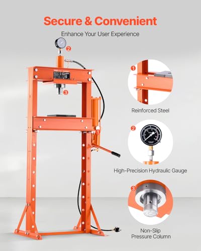 VEVOR Hydraulic Shop Press, 20 T H-Frame Pneumatic Shop Press with Press Plate, Stable Garage Floor Adjustable Hydraulic Press with Triangular Support, Fit for Bending, Straightening & Stamping - size: 20T