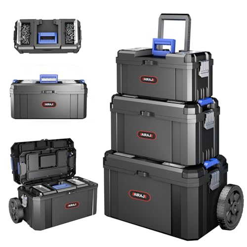 3-In-1 Tool Box with Wheels | Rolling Stackable Tool Box | Modular Tools Storage System | Small Toolbox with Detachable Parts Box Organizer丨Portable Toolbox for Garages,Home DIY,Workshop丨17+19+21"