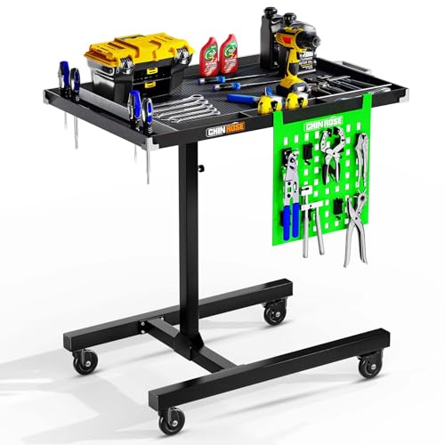 Adjustable Height Mobile Work Table with Rolling Wheels | Rolling Tray Table, For Mechanics, Garages, Repair Shops, Warehouse, Workshop, DIY