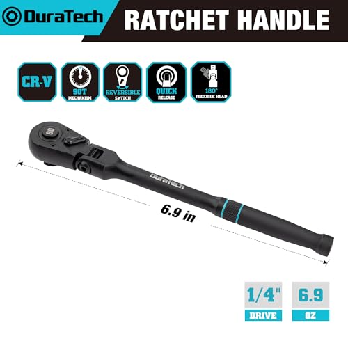 DURATECH 1/4-Inch Drive Flex-Head Ratchet, 90-Tooth Quick-Release Ratchet Wrench with 180° Pivoting Head and 7-Position Setting, Reversible, CR-V Made, CR-MO Head, 4° Swing, Black Mn Phosphate Finish - size: 1/4"(Black)