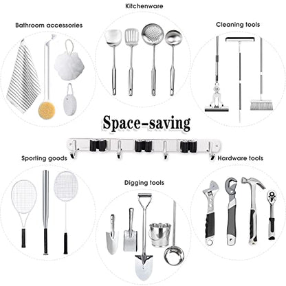 AceMining Broom Holder Wall Mount, 3 Racks 4 Hooks Heavy Duty Mop Organizer | Mop Holder Wall Mount and Broom Hanger for Garage, Laundry Room, Kitchen and Utility Storage - color: 3 Racks & 4 Hooks (Silver) - 1 Pack