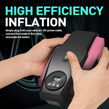 DNA MOTORING Tire Inflator Portable Air Compressor, 12V DC Air Pump for Car Tires, Bike, Motorcycle, Ball, Electric Bike Tire Pump with Pressure Gauge, LED Light, Auto Shut Off, Pink, TOOLS-00679-PK - style: Standard pink