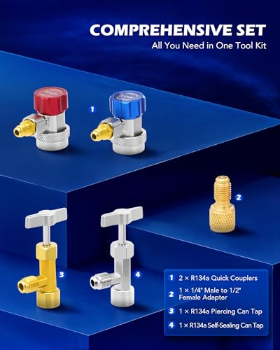 OMT AC Gauge Set for R134a, R12, R22, and R502, 5 ft Hoses | Includes R134a Couplers Self-Sealing & Piercing Can Taps 29° Adapter; Solid Brass Build; Ideal for Auto Freon Recharge - size: R134a R22 R12 R502