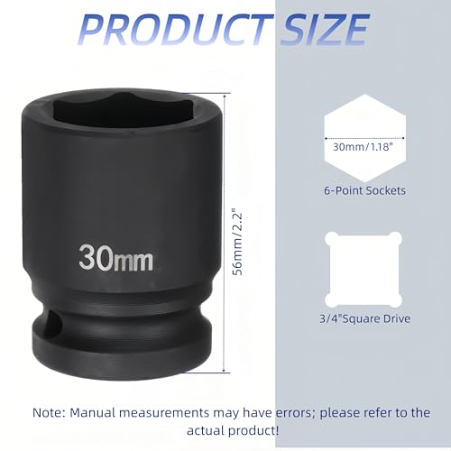 3/4"Drive x 30mm Metric, 6-Point Deep Impact Socket, Axle Nut Impact Socket | 40CR Alloy Steel,Clear labeling, Common Tools for Car Repair/Mechanical Work/Construction/Carpentry and Home Maintenance - size: 30mm