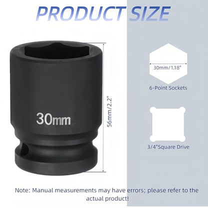 3/4"Drive x 30mm Metric, 6-Point Deep Impact Socket, Axle Nut Impact Socket | 40CR Alloy Steel,Clear labeling, Common Tools for Car Repair/Mechanical Work/Construction/Carpentry and Home Maintenance - size: 30mm