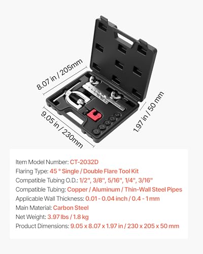 VEVOR 3/16" Brake Line Repair Kit, 45° Double & Single Brake Line Flaring Tool Kit, 25FT Copper Coated Brake Line (with 16 Fittings & 4 Unions) - Tube Cutter, 5 Adapters and Toolbox Included - size: 3/16"-1/2"