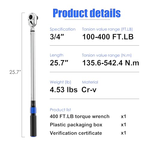 3/4'' 100-400 Ft Lb Torque Wrench Heavy Duty, Dual Direction, High hardness, Long lifetime, Stored In a Solid Case