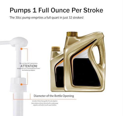 Automotive Fluid Transfer Hand Pump, 30cc Capacity for Gallon Bottles, Oil and Antifreeze Transfer, Wide Mouth Quart Bottles