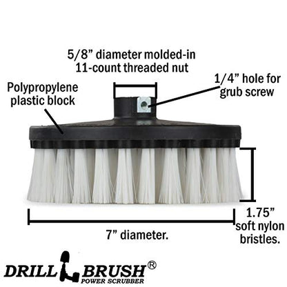 Carpet Cleaner Scrub Brush for Polisher - 7 Inch Soft White Drillbrush with 5/8 x 11 Threaded Hub for Rotary Polisher Machine - Large Car Buffer Brush - Large Carpet Scrubber - Drill Adapter Included - color: White