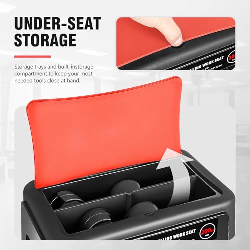 DNA Motoring Mobile Plastic Tool Seat Rolling Garage Work Stool with Under-Seat Storage & Tray for Workshop Auto Repair Shop, Red/Black, TOOLS-00367 - style: UP200lbs Red