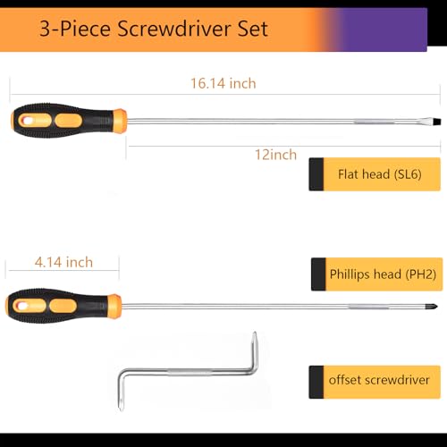 Long Screwdriver Set 3-Piece, Flat and Phillips Head Screwdriver 12 inch Long with Offset Z-Type Double End Screwdriver