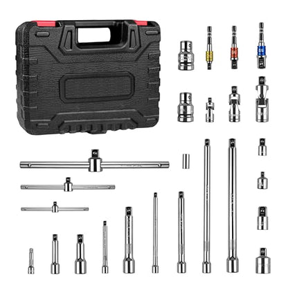 YIYITOOLS 25Pcs Drive Tool Accessory Kit, 1/4" 3/8" 1/2" Socket Accessories, Extension Bar, Adapter, Universal Joint & T-Bar, Professional CR-V Steel Construction - size: 25Pcs (Tool Accessory)