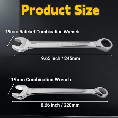 19mm Ratcheting Wrench 2 Pcs 72-Tooth 12-Point Chrome Plated | Forged 45# Carbon Steel Durable, 5-Degree Arc For Tight Spaces, 12-Point Protects Fasteners, Polished Chrome Anti-Rust - size: 19mm