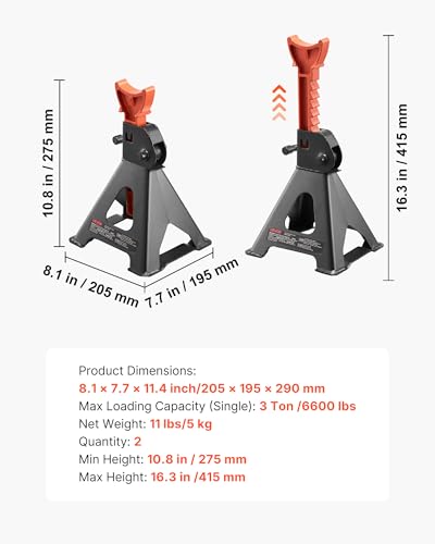 VEVOR Jack Stands, 3 Ton (6,600 lbs) Capacity, 10.8-16.3 in Adjustable Height, Heavy Duty Steel Jack Auto Stands with Locking, for Lifting SUV, Pickup, Car and UTV/ATV, 1 Pair, Black and Orange