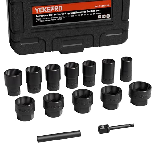 14-Piece 1/2" Drive Large & Deep Lug Nut Extractor Set | 17-36mm – Heavy Duty Socket Kit for Removing Stripped, Damaged, or Rounded Nuts
