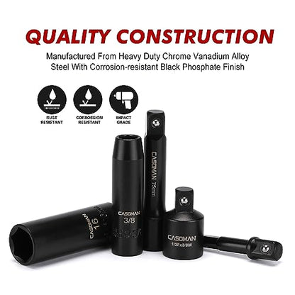 CASOMAN 3/8-Inch Deep Impact Socket Set, Metric & SAE, 31Piece Socket Set, CR-V, Includes Extension Bar (3, 6-inch) & Adapters, Heavy Duty Storage Case - size: 3/8"Drive 31pcs Impact Socket Set
