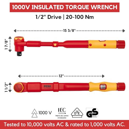FESA Electrician Insulated Torque Wrench - (1/2" Drive, 20-100 Nm Range) | w/Easy Torque Adjustment & Scale Display - Each Insulated Wrench Has ID for Traceability - style: 1/2" Drive, 20-100 Nm Range