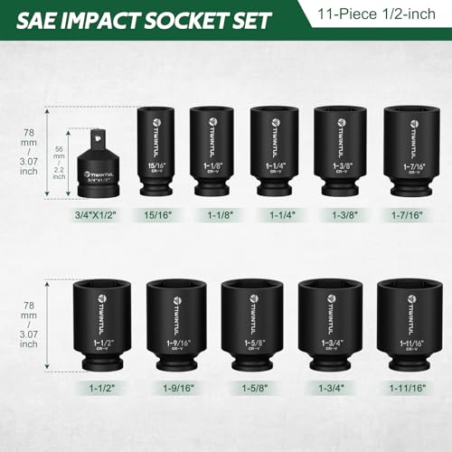 Axle Nut Socket Set, 1/2" Drive SAE Impact Socket 15/16 to 1-3/4 | 11Pcs, CR-MO 3/4 to 1/2 Adapter, 6-Point Design Heavy Duty Socket Set for Large Auto Repairs, Agricultural implement - size: 11 PCS(SAE)