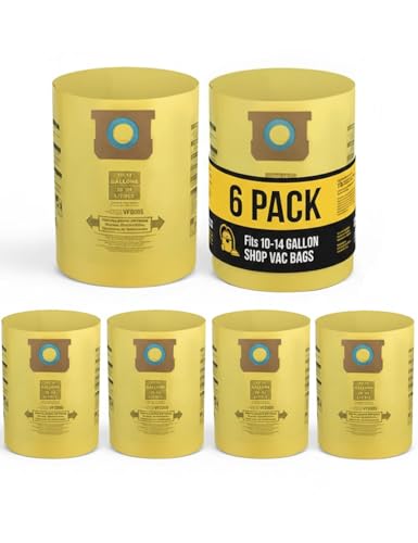 6-Pack Type I 90672 Bags Compatible with 10-14 Gal Shop Vacs | 2-ply material traps fine workshop dust. Mess-free quick disposal. Fits 10-14 Gal Vacmaster, Dewalt & Craftsman wet/dry vacs
