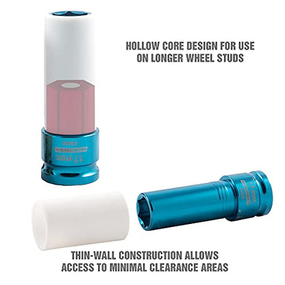 OEMTOOLS 25565 17MM Lug Nut Socket, 1/2" Drive 17 mm Socket for Wheel Service, Non-Marring Sleeve, Thin Wall, CR-MO Steel for Impact Tools, 400 Ft-Lb Max Torque - size: 17mm (1 Piece)