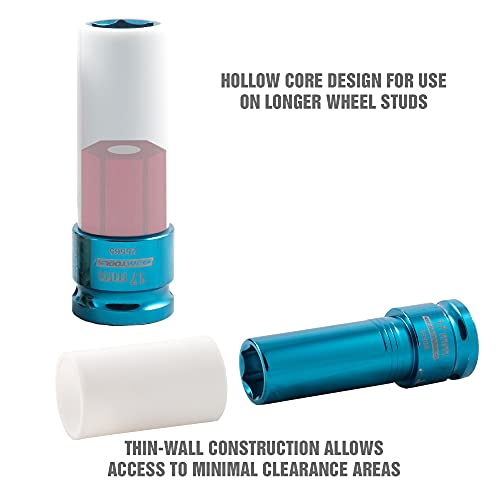 OEMTOOLS 25565 17MM Lug Nut Socket, 1/2" Drive 17 mm Socket for Wheel Service, Non-Marring Sleeve, Thin Wall, CR-MO Steel for Impact Tools, 400 Ft-Lb Max Torque - size: 17mm (1 Piece)