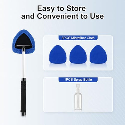 JUSTTOP Windshield Cleaner Tool, Car Interior and Exterior Window Cleaning Kit with Extendable Handle & 4 Reusable Microfiber Pads, Auto Glass Wiper Brush Kit for Car & Home Windows (Blue) - color: Blue