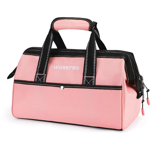 WORKPRO 13-Inch Tool Bag, Pink Soft Cloth Tool Storage Bags, Wide Mouth Tool Tote Bag with Inside Pockets - Pink Ribbon | Soft Cloth, Wide Mouth, Tool Tote Bag - color: Pink
