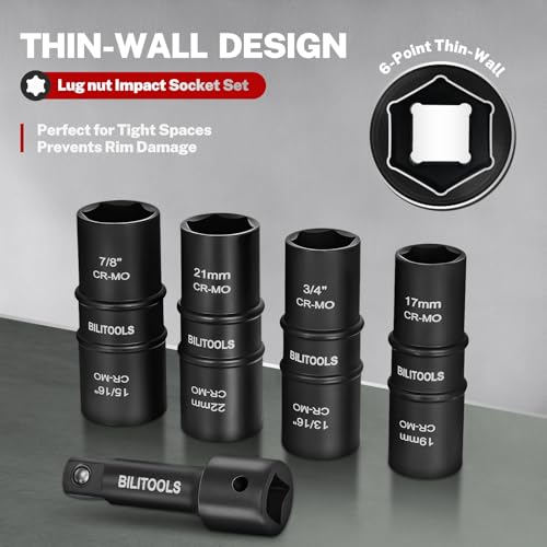 BILITOOLS 5pc Flip Lug Nut Socket Set, 1/2" Drive Metric & SAE Non-Marring | CR-MO Steel, Thin Wall, 6-Point Flank Drive, Metric 17-22mm & SAE 3/4-15/16", Color-Coded, Impact-Rated, Storage Case - style: Standard Metric & SAE