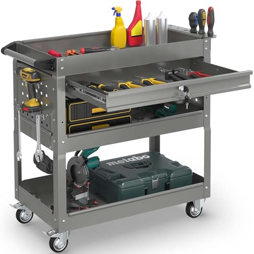 3-Tier Rolling Utility Cart, Metal Tool Cart on Wheels with Lockable-Gray | 330 lb. Load Capability Heavy Duty Tool Cart with Drawers, Mechanic Tool Cart for Garage, Warehouse, Repair Shop - color: Gray