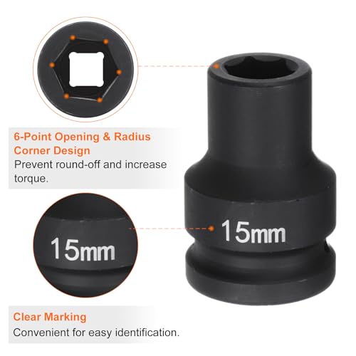 HARFINGTON 6-Point Impact Socket 3/4" Drive 15mm Metric 40Cr Alloy Steel Spindle Axle Nut Impact Socket - size: 15mm