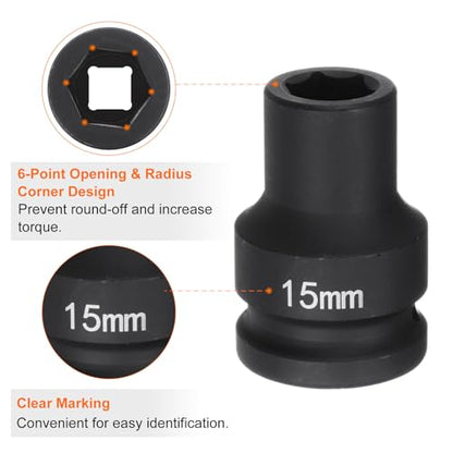 HARFINGTON 6-Point Impact Socket 3/4" Drive 15mm Metric 40Cr Alloy Steel Spindle Axle Nut Impact Socket - size: 15mm