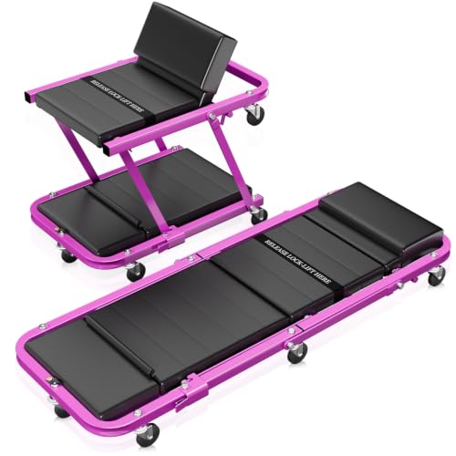 Auto Dynasty 48" Z-Creeper Seat, 2-in-1 Foldable Garage Creeper Shop Seat, 330 LBS Capacity Automotive Mechanic Repair Under Car Rolling Creeper Seat, Purple - color: Purple, size: 48 Inch