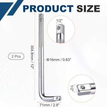 HARFINGTON 2 Pcs Socket Breaker Bar 1/2" Drive 12" Long 40CR Alloy Steel L-Shape Extension Bar Axle Nut Socket Wrench for Car Mechanical Equipment Repair, Silver - size: 1/2"x12"