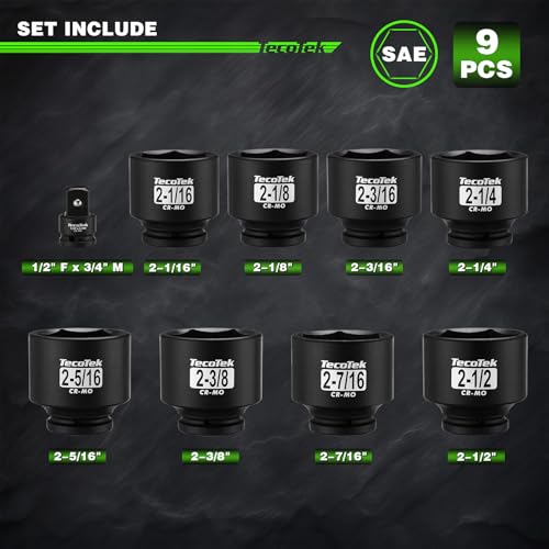 TecoTek 3/4" Drive 6-Point Impact Socket Set, 9-Piece Jumbo Assortment, Cr-Mo, SAE, 2-1/16 Inch to 2-1/2 Inch, 1/2" F to 3/4" M Impact Socket Adapter - size: 9PC SAE (2-1/16" to 2-1/2")