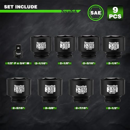 TecoTek 3/4" Drive 6-Point Impact Socket Set, 9-Piece Jumbo Assortment, Cr-Mo, SAE, 2-1/16 Inch to 2-1/2 Inch, 1/2" F to 3/4" M Impact Socket Adapter - size: 9PC SAE (2-1/16" to 2-1/2")