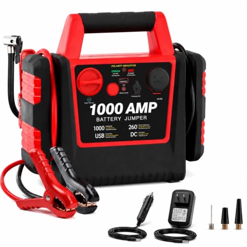 4 in 1 Battery Booster Jump Starter with Air Compressor Portable 260PSI Tire Inflator,1000 Amp Jumper starter power pack Jump Box,12V Power Station with USB Port and DC Outlet