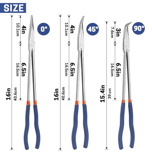 3 PCS 16 Inch Long Needle Nose Pliers Set, Extra Long Reach Pliers Set with 45°, 90° Bent and Straight Nose Pliers for Narrow Spaces