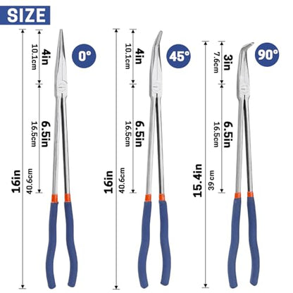 3 PCS 16 Inch Long Needle Nose Pliers Set, Extra Long Reach Pliers Set with 45°, 90° Bent and Straight Nose Pliers for Narrow Spaces