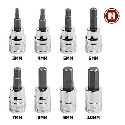 Powerbuilt Hex Bit Socket Set, 8 Piece, 3/8 Inch Drive Metric, Sizes 3-10mm, Ball End Sockets, Storage Rail - 642405, Silver